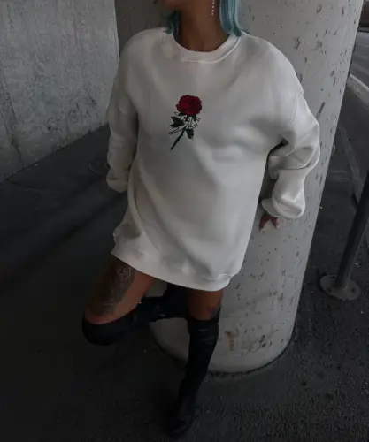 Oversize Üç İplik Bisiklet Yaka Baskılı SweatShirt - Beyaz - BÜYÜKBEDENIZ (1)