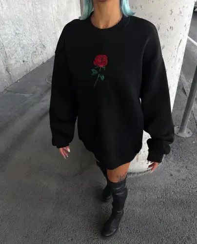 Oversize Üç İplik Bisiklet Yaka Baskılı SweatShirt - Siyah - BÜYÜKBEDENIZ (1)