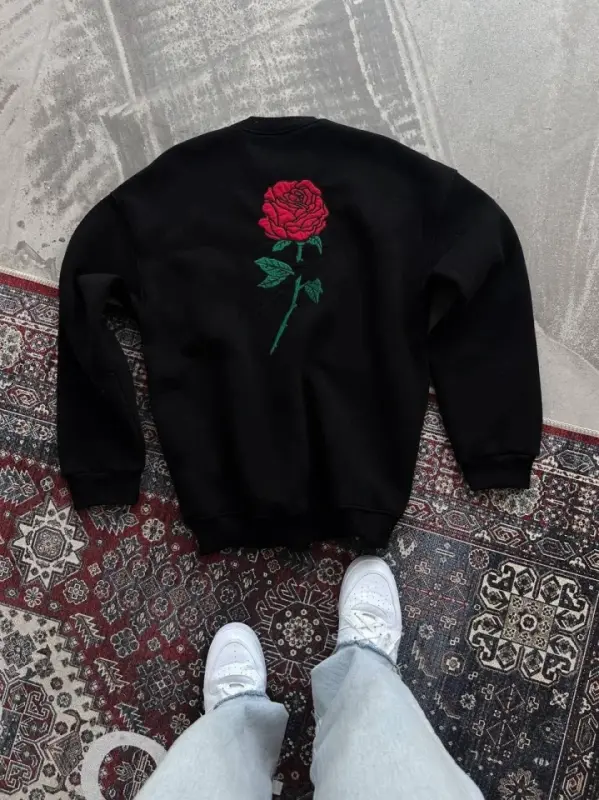 Oversize Üç İplik Bisiklet Yaka Baskılı SweatShirt - Siyah - BÜYÜKBEDENIZ