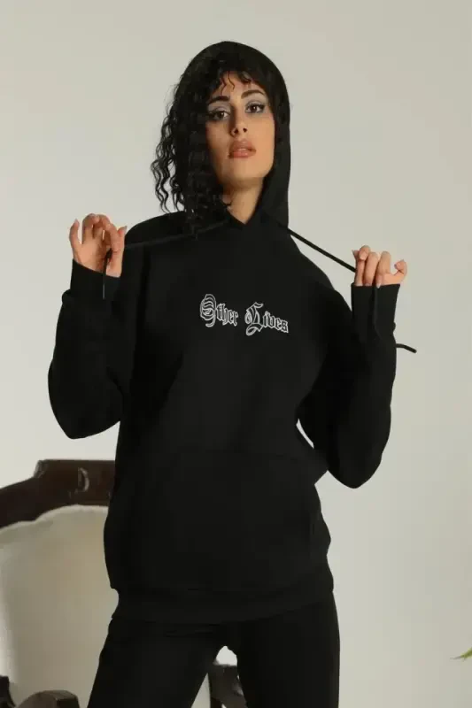 Oversize Üç İplik Kapüşonlu Sweatshirt – Siyah “Other Lives” Ön Ve Arka Baskılı, Şardonlu Kışlık, Rahat Günlük Model Siiyah - BÜYÜKBEDENIZ