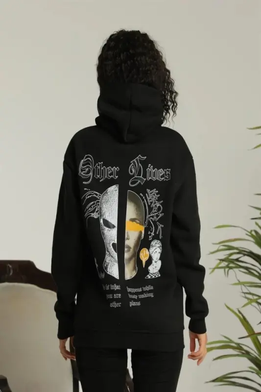 Oversize Üç İplik Kapüşonlu Sweatshirt – Siyah “Other Lives” Ön Ve Arka Baskılı, Şardonlu Kışlık, Rahat Günlük Model Siiyah - 2