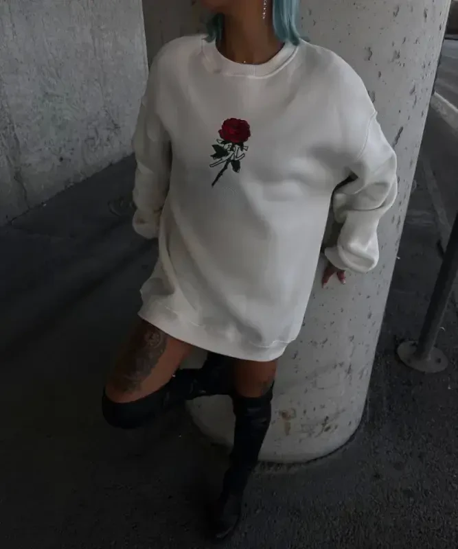 Oversize Uch Ip Bisiklet Yaka Baskılı SweatShirt - Oq - 2