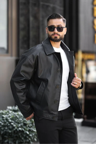 Oversize Vintage Buttoned Men's Black Leather Jacket - 8