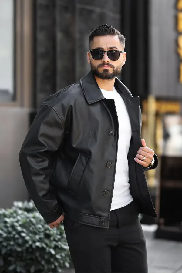 Oversize Vintage Buttoned Men's Black Leather Jacket - 8