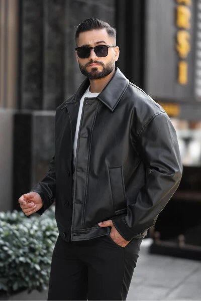 Oversize Vintage Buttoned Men's Black Leather Jacket - 10