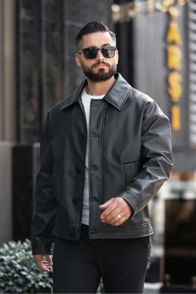 Oversize Vintage Buttoned Men's Black Leather Jacket - 11