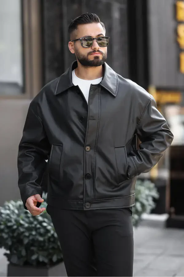 Oversize Vintage Buttoned Men's Black Leather Jacket - 12