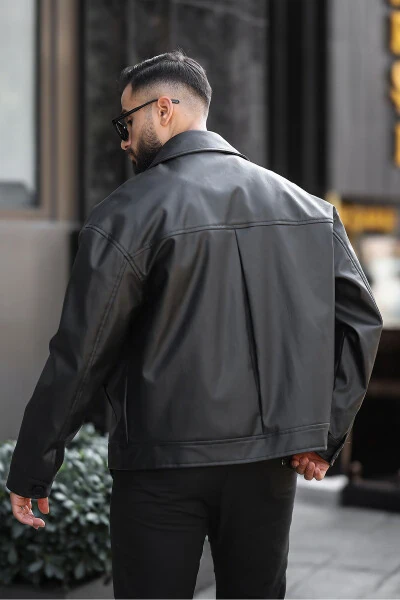 Oversize Vintage Buttoned Men's Black Leather Jacket - 14