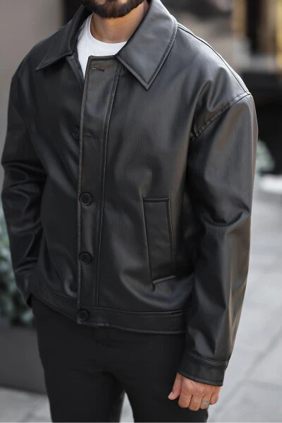Oversize Vintage Buttoned Men's Black Leather Jacket - MODERK