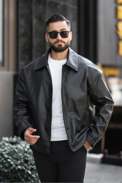 Oversize Vintage Buttoned Men's Black Leather Jacket - 3