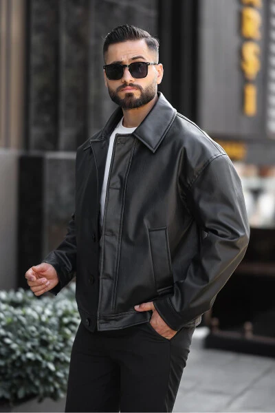 Oversize Vintage Buttoned Men's Black Leather Jacket - 4