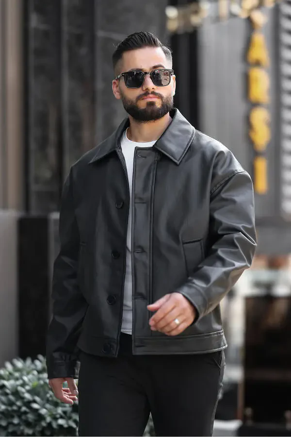 Oversize Vintage Buttoned Men's Black Leather Jacket - 5