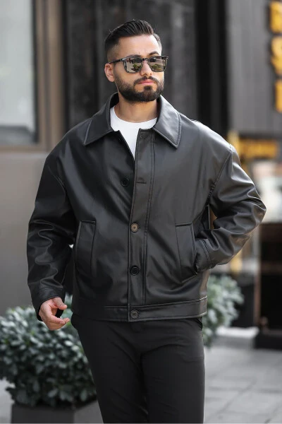 Oversize Vintage Buttoned Men's Black Leather Jacket - 6