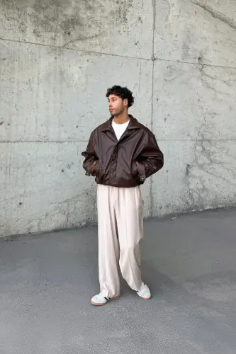 Oversize Vintage Erkek Acı Kahve Deri Ceket-Acı Kahve - 3