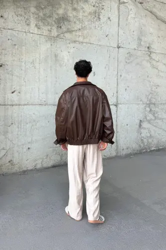 Oversize Vintage Erkek Acı Kahve Deri Ceket-Acı Kahve - 4