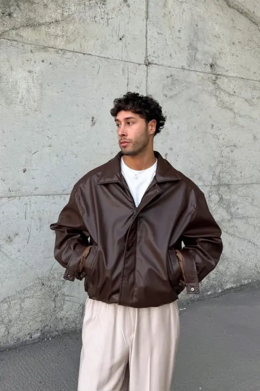 Oversize Vintage Erkek Acı Kahve Deri Ceket-Acı Kahve - 5