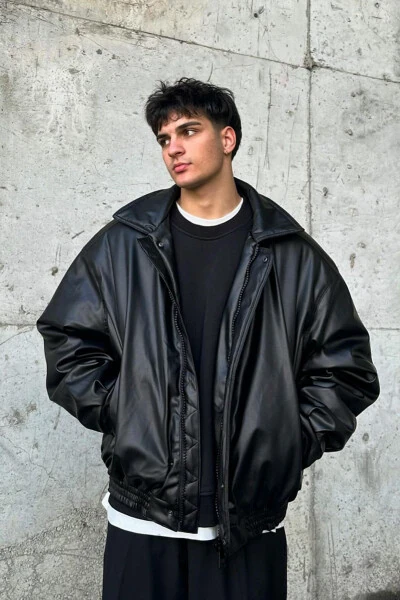 Oversize Vintage Men's Black Leather Jacket - MODERK