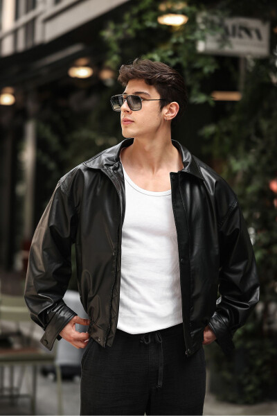 Oversize Vintage Men's Black Leather Jacket - 4