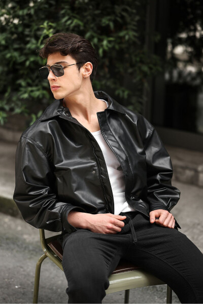 Oversize Vintage Men's Black Leather Jacket - 5