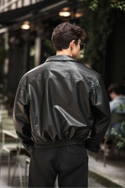 Oversize Vintage Men's Black Leather Jacket - 6
