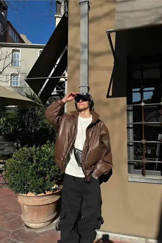 Oversize Vintage Men's Brown Leather Jacket-Brown - 2