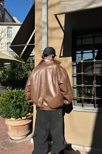 Oversize Vintage Men's Brown Leather Jacket-Brown - 3