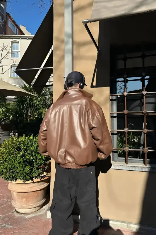 Oversize Vintage Men's Brown Leather Jacket-Brown - 3