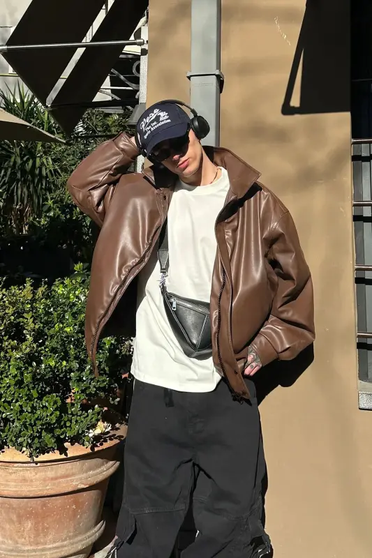 Oversize Vintage Men's Brown Leather Jacket-Brown - 1