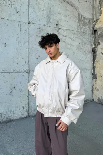 Oversize Vintage Men's Leather Jacket-Cream - 5