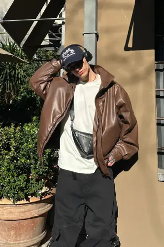 Oversize Vintage Мужская Коричневая Кожаная Куртка-Коричневый - 1