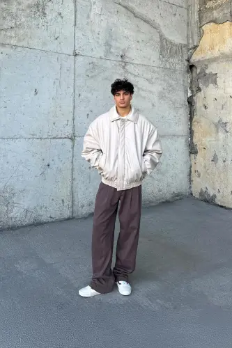 Oversize Vintage Мужская Кожаная Куртка - Крем - 2