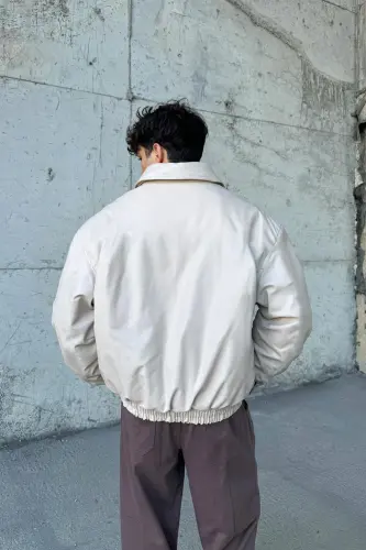 Oversize Vintage Мужская Кожаная Куртка - Крем - 4