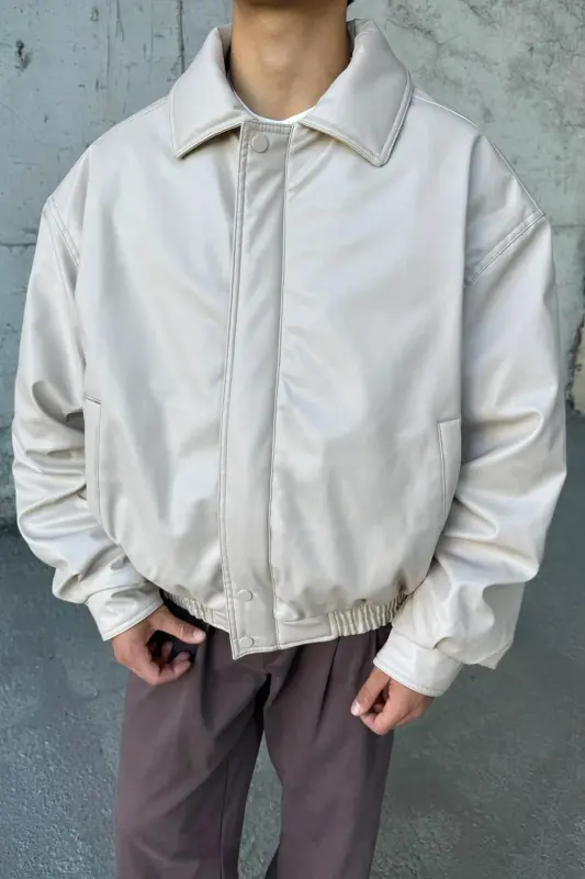 Oversize Vintage Мужская Кожаная Куртка - Крем - 6