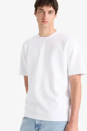 Oversize Wide Fit Bicycle Collar Short Sleeve Basic Plain Heavy Fabric T-shirt-White - 3