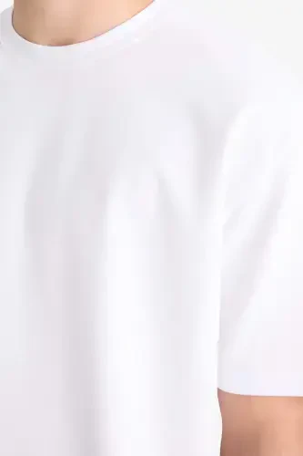 Oversize Wide Fit Bicycle Collar Short Sleeve Basic Plain Heavy Fabric T-shirt-White - 5