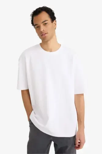 Oversize Wide Fit Bicycle Collar Short Sleeve Basic Plain Heavy Fabric T-shirt-White - 3