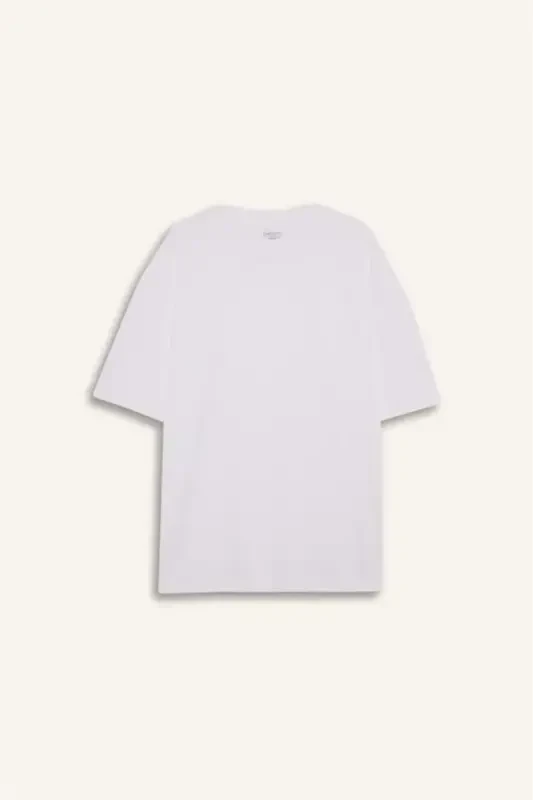 Oversize Wide Fit Bicycle Collar Short Sleeve Basic Plain Heavy Fabric T-shirt-White - 6