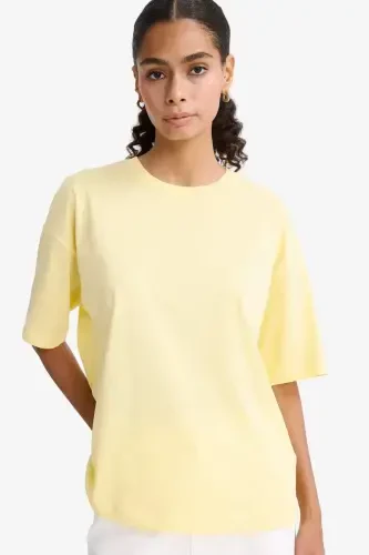 Oversize Wide Fit Crew Neck Basic Plain Jersey Short Sleeve T-Shirt-Yellow 