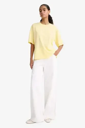 Oversize Wide Fit Crew Neck Basic Plain Jersey Short Sleeve T-Shirt-Yellow - 2