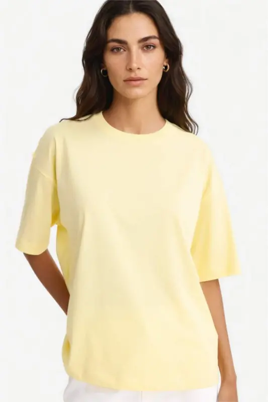 Oversize Wide Fit Crew Neck Basic Plain Jersey Short Sleeve T-Shirt-Yellow - 1