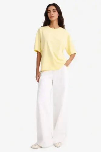 Oversize Wide Fit Crew Neck Basic Plain Jersey Short Sleeve T-Shirt-Yellow - 2