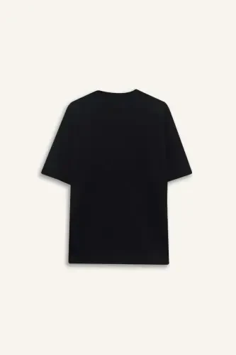 Oversize Wide Fit Crew Neck Basic Plain Short Sleeve Heavy Fabric Black T-Shirt-Black - 9