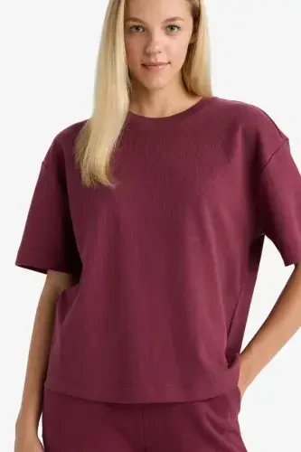 Oversize Wide Fit Crew Neck Basic Plain Short Sleeve T-Shirt-Burgundy - 1