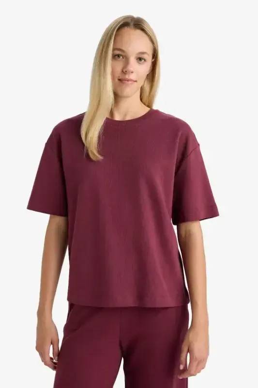 Oversize Wide Fit Crew Neck Basic Plain Short Sleeve T-Shirt-Burgundy - 4
