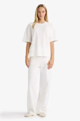 Oversize Wide Fit Crew Neck Basic Plain Short Sleeve T-Shirt-Ecru - 2