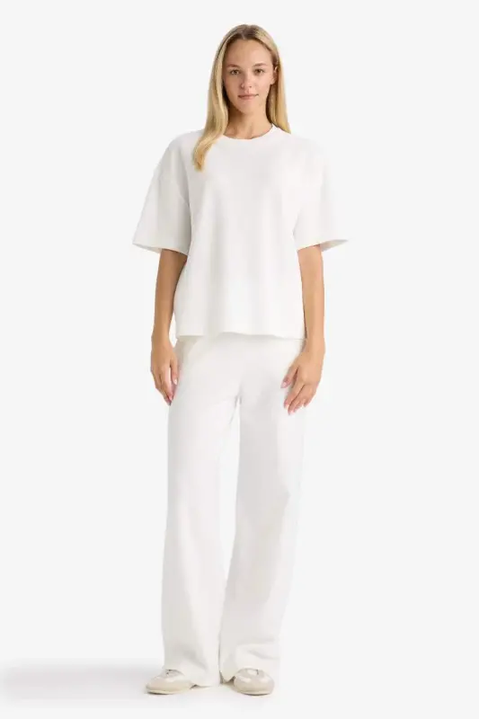 Oversize Wide Fit Crew Neck Basic Plain Short Sleeve T-Shirt-Ecru - 2