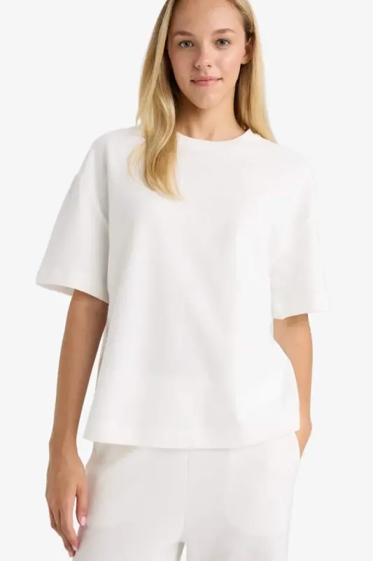 Oversize Wide Fit Crew Neck Basic Plain Short Sleeve T-Shirt-Ecru - 3