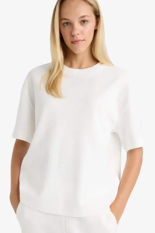 Oversize Wide Fit Crew Neck Basic Plain Short Sleeve T-Shirt-Ecru - 4