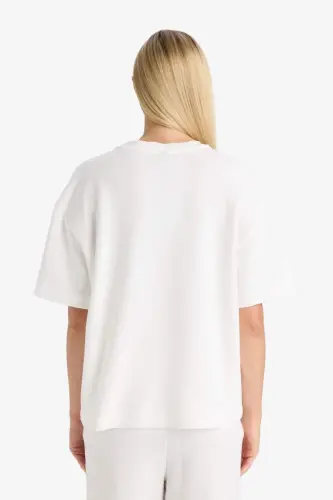 Oversize Wide Fit Crew Neck Basic Plain Short Sleeve T-Shirt-Ecru - 6