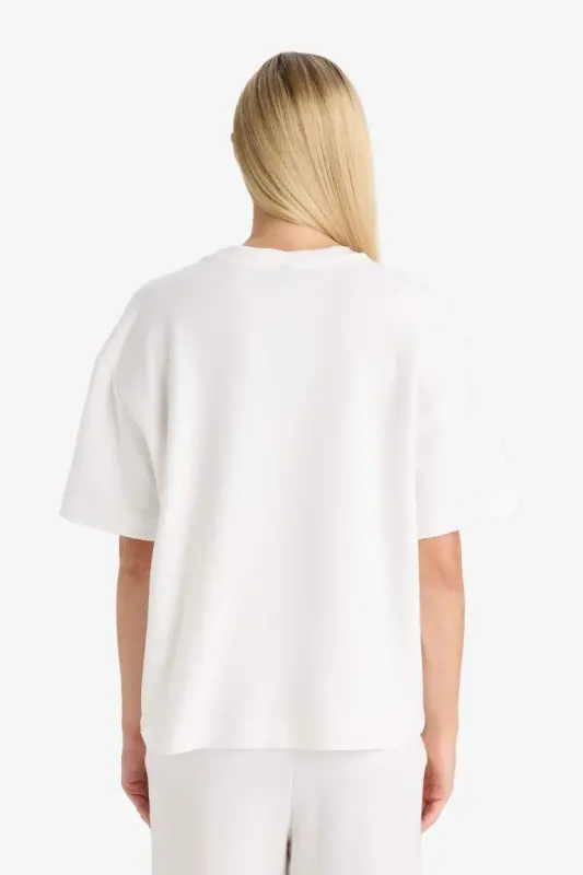 Oversize Wide Fit Crew Neck Basic Plain Short Sleeve T-Shirt-Ecru - 6